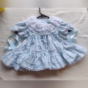 (NB-6Mo?) Baby Blue Vintage Lacey Frilly Circle Ruffle Dress with Polka Dots